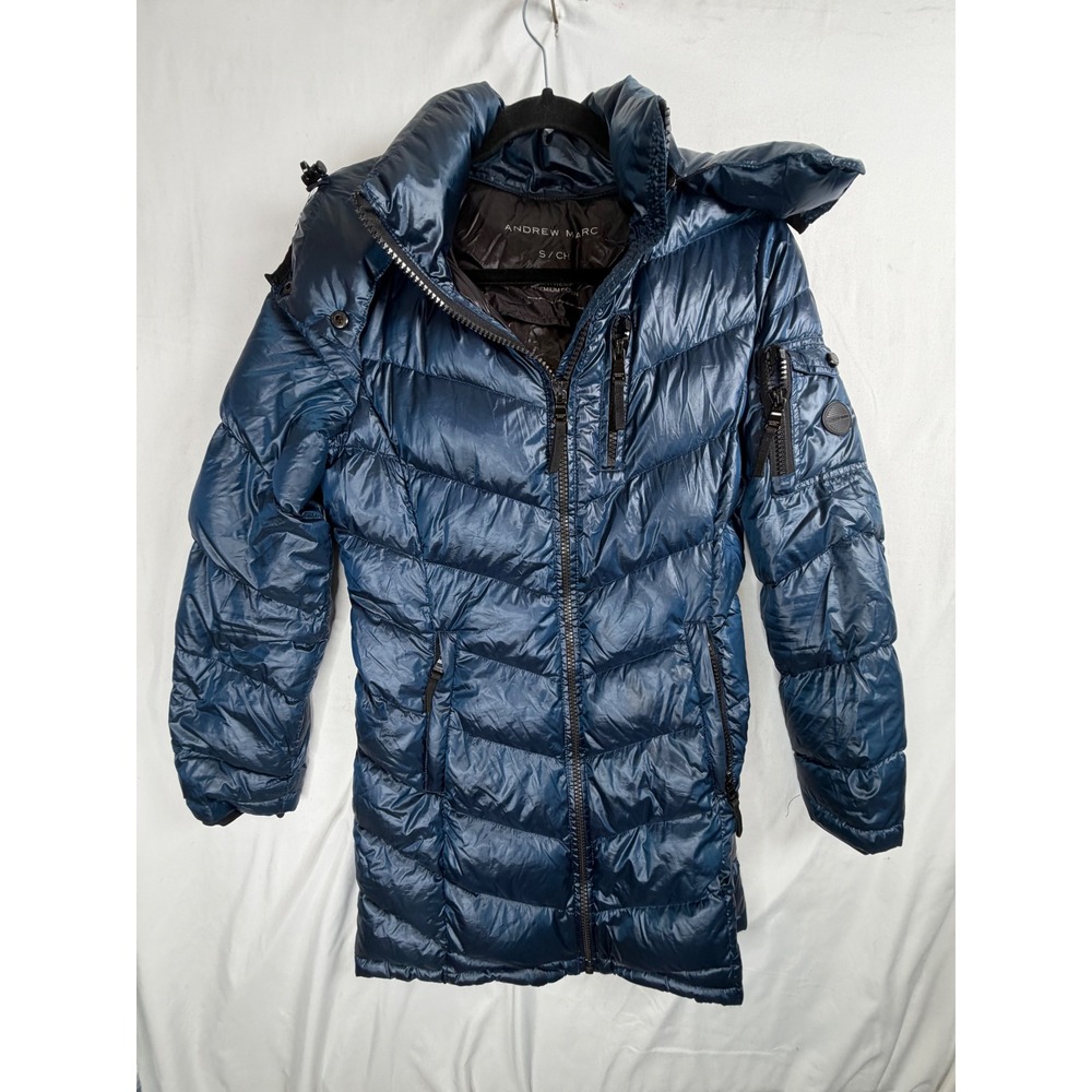 Andrew Marc Puffer Jacket Small Blue Packable Lightweight Premium Down Hooded